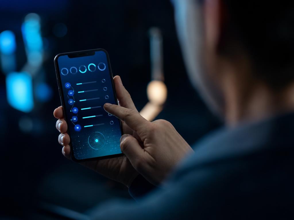 Persona adulta che completa un test personalizzato sullo smartphone con indicatori di analisi dati in ciano
