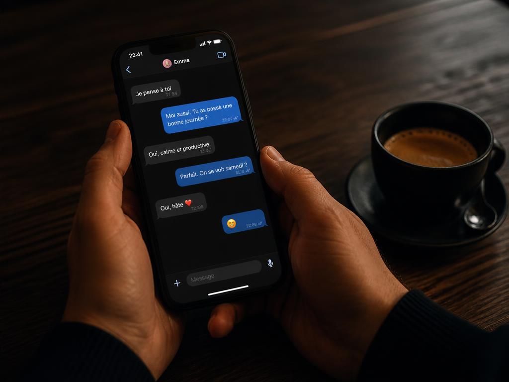 Mani che tengono uno smartphone con una conversazione aperta accanto a un caffè